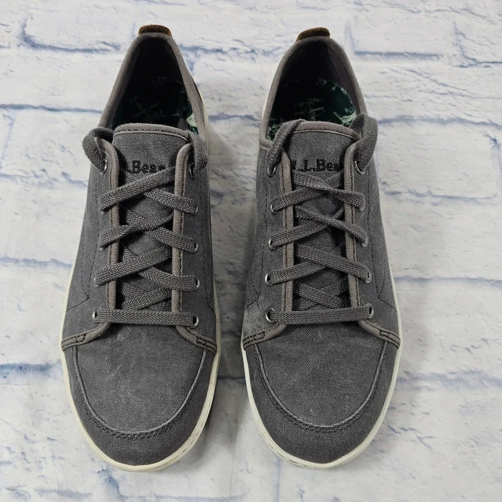 LL Bean Campside Canvas Sneakers Mens 10 Grey Low Top Leather Trim Walking Shoes